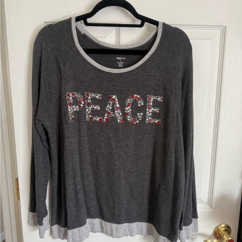 Peace Graphic Long Sleeve Top - Charcoal